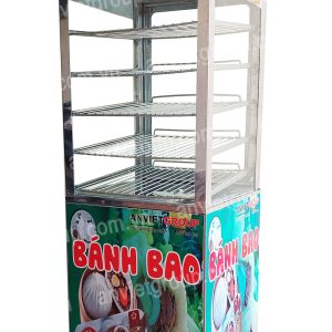Tủ máy hấp nóng giữ nhiệt trưng bày bảo quản bánh bao mini có bánh xe An Việt